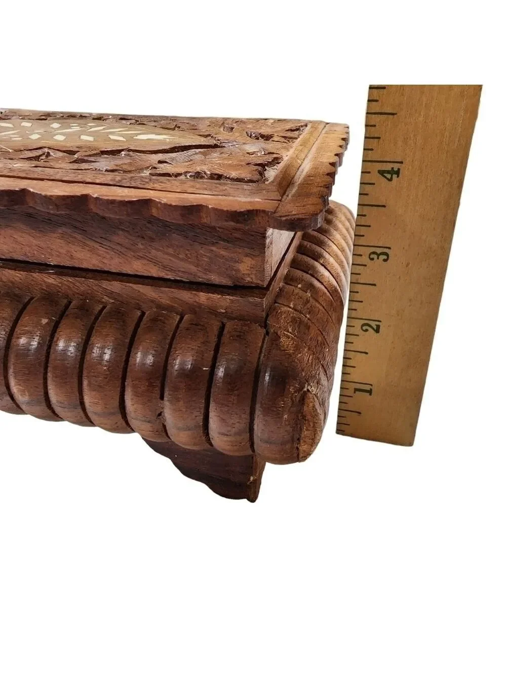 Vintage hand carved wood jewelry trinket box with inlay design India
